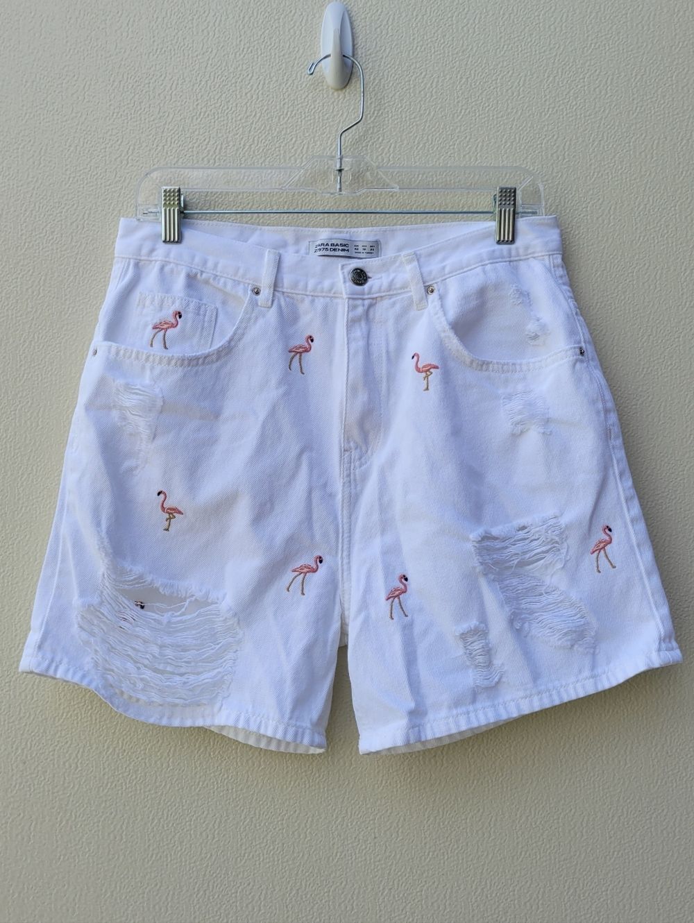 Zara Basic Women's White Distressed Jean Shorts with  Pink Flamingo Embroidery